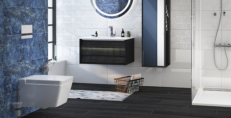 VitrA toilet against blue patterned Metamarmo tiles